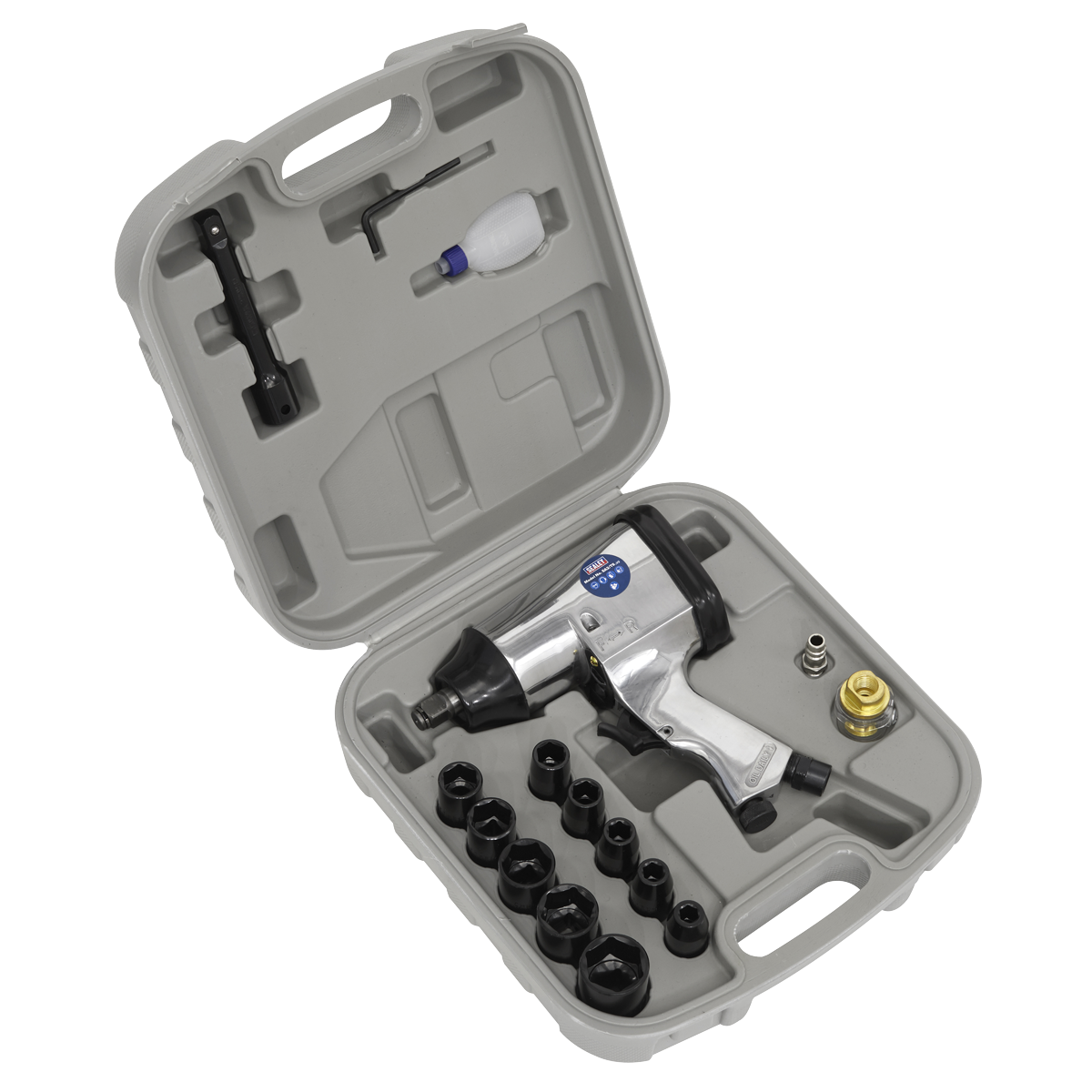 The Sealey Air Impact Wrench Kit with Sockets 1/2"Sq Drive - SA2/TS comes in a molded plastic case and includes the gray air impact wrench, WallDrive impact sockets, and essential accessories.