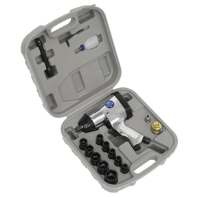 The Sealey Air Impact Wrench Kit with Sockets 1/2"Sq Drive - SA2/TS comes in a molded plastic case and includes the gray air impact wrench, WallDrive impact sockets, and essential accessories.