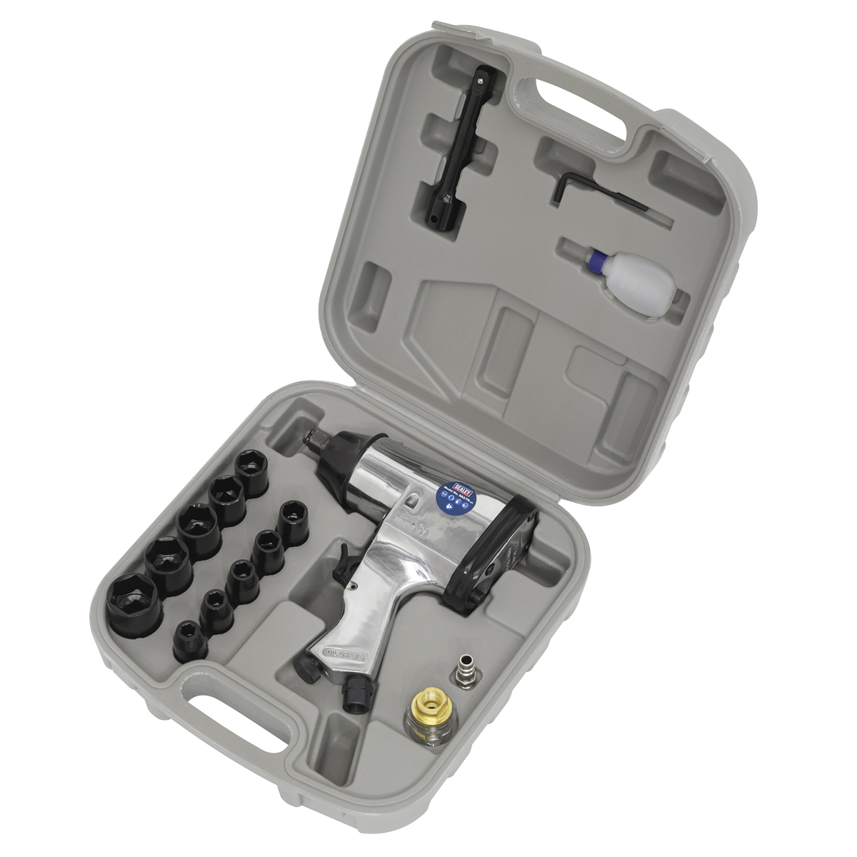 A Sealey Air Impact Wrench Kit with Sockets 1/2" Square Drive - SA2/TS, featuring WallDrive impact sockets and multiple attachments, all housed in a durable gray plastic carrying case.