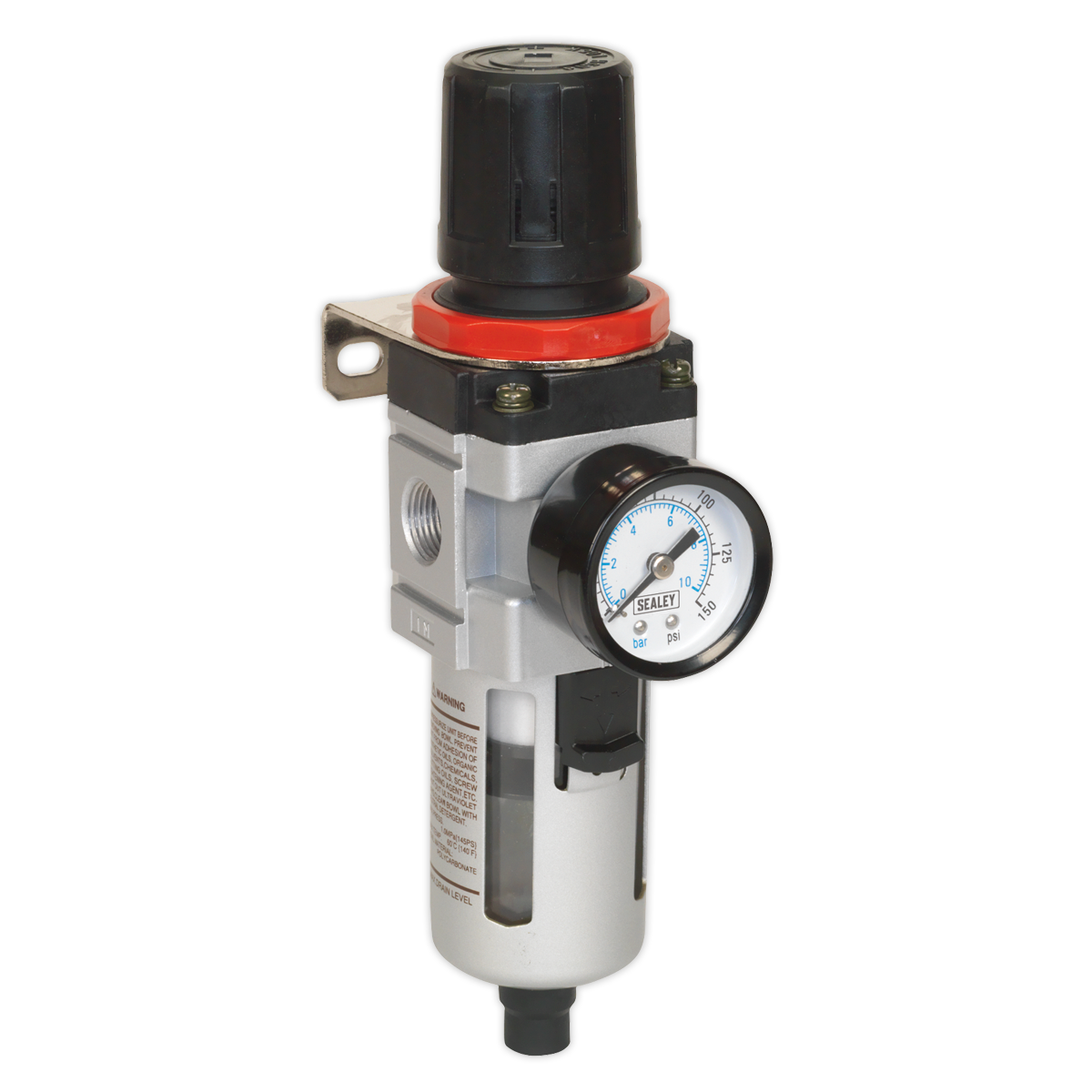 Check out the Sealey Air Filter/Regulator with Gauge - SA2001/FR for your workshop air supply; it includes a pneumatic air filter, pressure gauge, and mounting bracket.