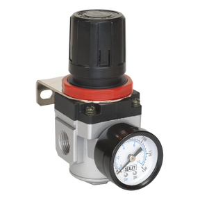 Close-up image of a Sealey Air Regulator - SA2001R integrated into a workshop air supply, featuring a black locking control knob on top and a round pressure gauge at the front displaying readings in bar and psi.