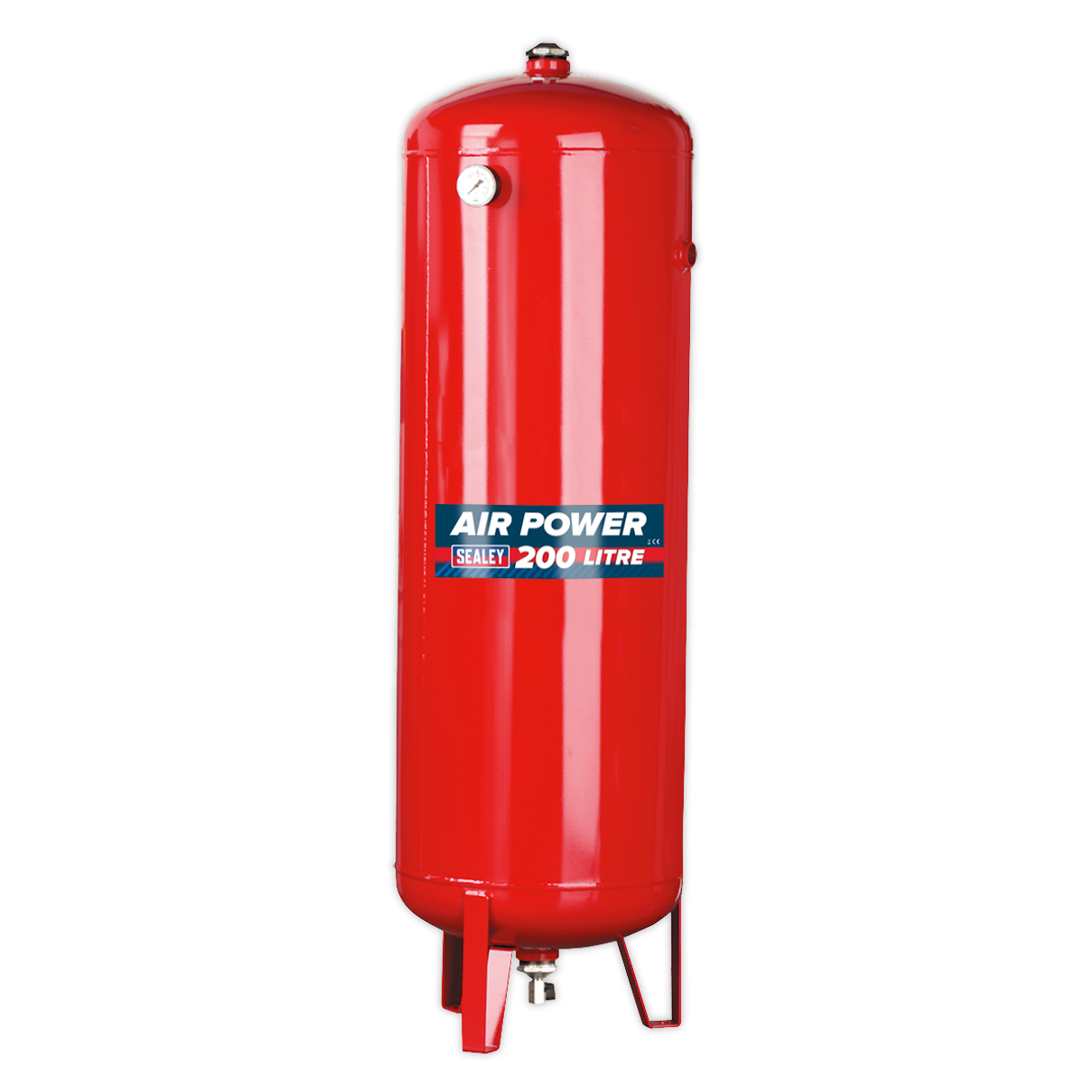 A tall, vertical air compressor tank labeled "Sealey Air Compressor Tank Vertical 200L - SA200T," compliant with the pressure vessel directive, features a pressure gauge at the top and three supporting legs at its base.