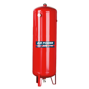 A tall, vertical air compressor tank labeled "Sealey Air Compressor Tank Vertical 200L - SA200T," compliant with the pressure vessel directive, features a pressure gauge at the top and three supporting legs at its base.