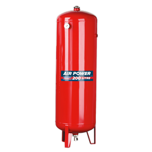 A tall, vertical air compressor tank labeled "Sealey Air Compressor Tank Vertical 200L - SA200T," compliant with the pressure vessel directive, features a pressure gauge at the top and three supporting legs at its base.