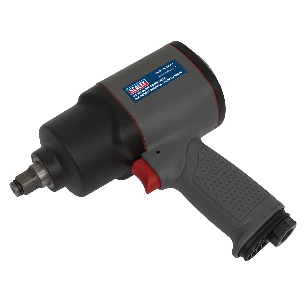 A black and gray Air Impact Wrench 1/2"Sq Drive Composite - Twin Hammer (model SA201) by Sealey, featuring a textured handle, constructed from composite materials, and displaying the manufacturer's logo on the side.