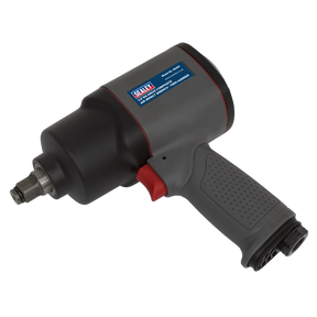 A black and gray Air Impact Wrench 1/2"Sq Drive Composite - Twin Hammer (model SA201) by Sealey, featuring a textured handle, constructed from composite materials, and displaying the manufacturer's logo on the side.