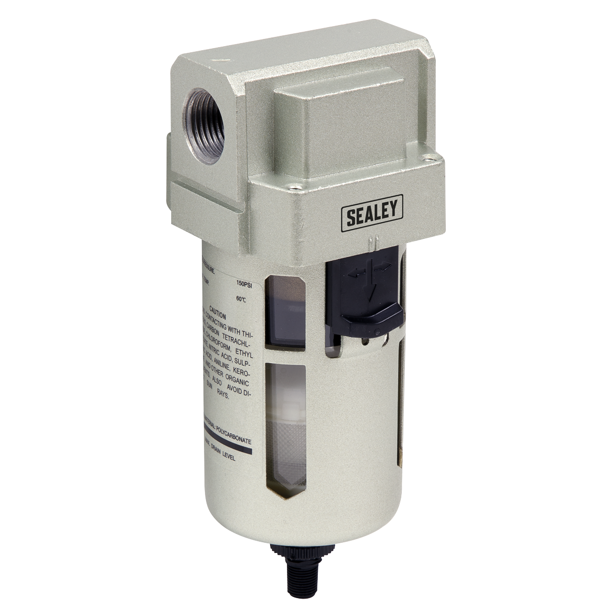 The Sealey Air Filter Auto Drain Max Airflow 140cfm - SA206FAD features a metallic build, clear viewing window, adjustment knob, and connection ports for industrial workshop air supply. Ideal for high-volume applications, it ensures optimal performance.