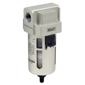 The Sealey Air Filter Auto Drain Max Airflow 140cfm - SA206FAD features a metallic build, clear viewing window, adjustment knob, and connection ports for industrial workshop air supply. Ideal for high-volume applications, it ensures optimal performance.