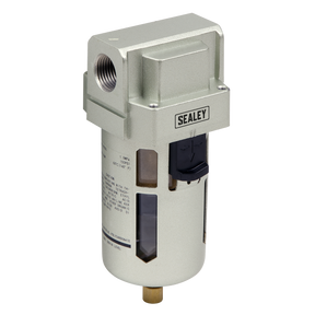 Here's a revised version of the sentence using the provided product data:

A silver and black Sealey air filter, model SA206F, featuring labeled specifications, an attached pressure gauge, and a polycarbonate bowl designed for pneumatic systems in an industrial workshop air supply with a maximum airflow of 140 cfm.