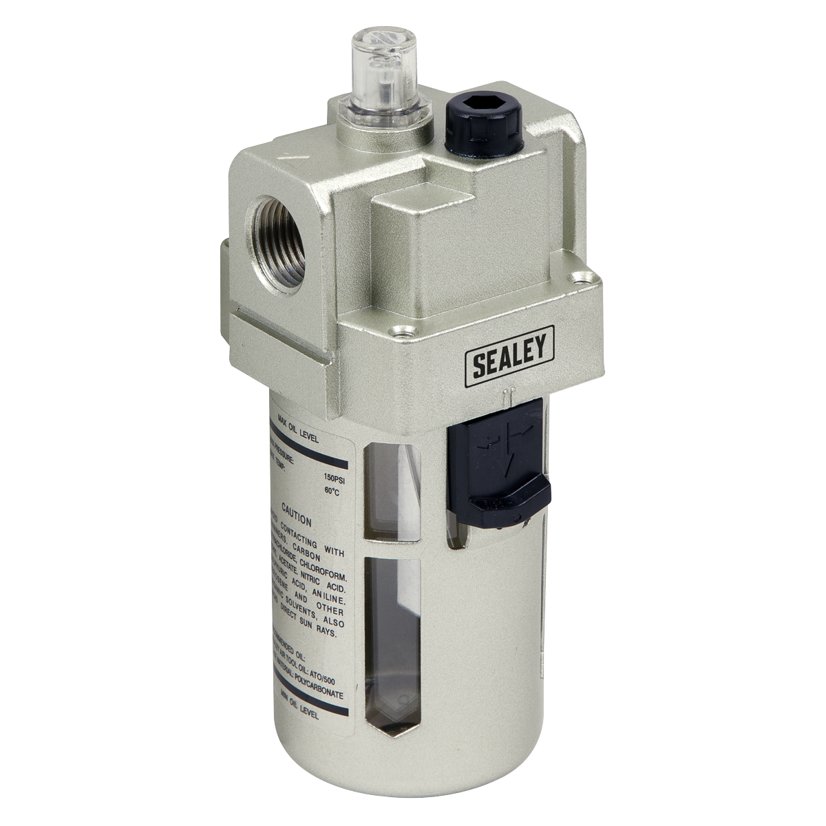 The Sealey Air Lubricator Max Airflow 175cfm - SA206L is ideal for high-volume applications in an industrial workshop. It features various fittings and a transparent section for monitoring fluid levels and oil/air mix control.