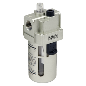 The Sealey Air Lubricator Max Airflow 175cfm - SA206L is ideal for high-volume applications in an industrial workshop. It features various fittings and a transparent section for monitoring fluid levels and oil/air mix control.