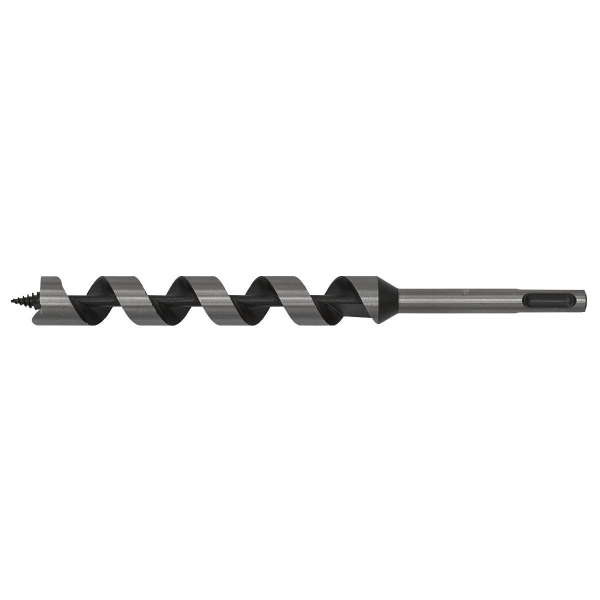 The Sealey SDS Plus Auger Wood Drill Ø20 x 235mm - SA20X235 is a metal drill bit with a spiral design, featuring a screw point threaded tip and cylindrical shank.