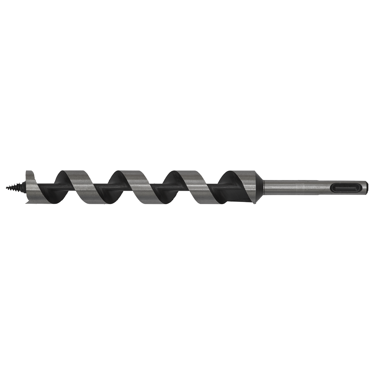 The Sealey SDS Plus Auger Wood Drill Ø22 x 230mm - SA22X235 is a large, hardened drill bit with a spiral flute and screw point tip, designed specifically for drilling holes in wood.