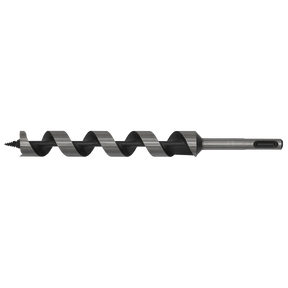 The Sealey SDS Plus Auger Wood Drill Ø22 x 230mm - SA22X235 is a large, hardened drill bit with a spiral flute and screw point tip, designed specifically for drilling holes in wood.