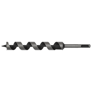 The Sealey SDS Plus Auger Wood Drill Ø22 x 230mm - SA22X235 is a large, hardened drill bit with a spiral flute and screw point tip, designed specifically for drilling holes in wood.