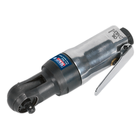 A small ultra-compact air ratchet wrench with a silver and black finish, labeled "Sealey" and "Air Ratchet Wrench 1/4"Sq Drive Super Stubby - SA230," featuring a hardened steel anvil, perfect for tightly-packed engine compartments.