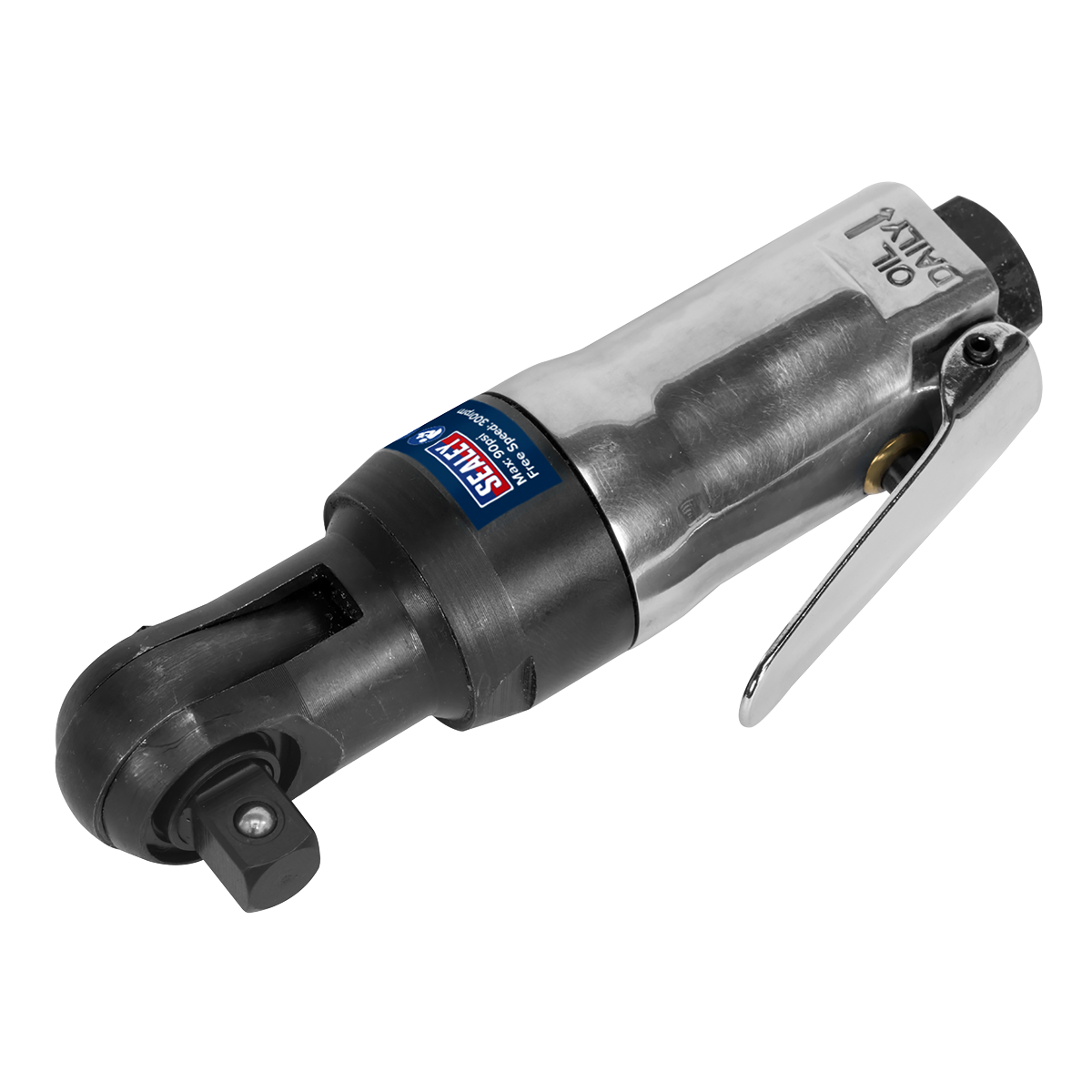 A close-up of the Sealey Air Ratchet Wrench 3/8"Sq Drive Super Stubby - SA231, featuring a black handle and lever, with a rear exhaust and baffle. Ideal for use in tightly-packed engine compartments.