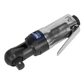 A close-up of the Sealey Air Ratchet Wrench 3/8"Sq Drive Super Stubby - SA231, featuring a black handle and lever, with a rear exhaust and baffle. Ideal for use in tightly-packed engine compartments.