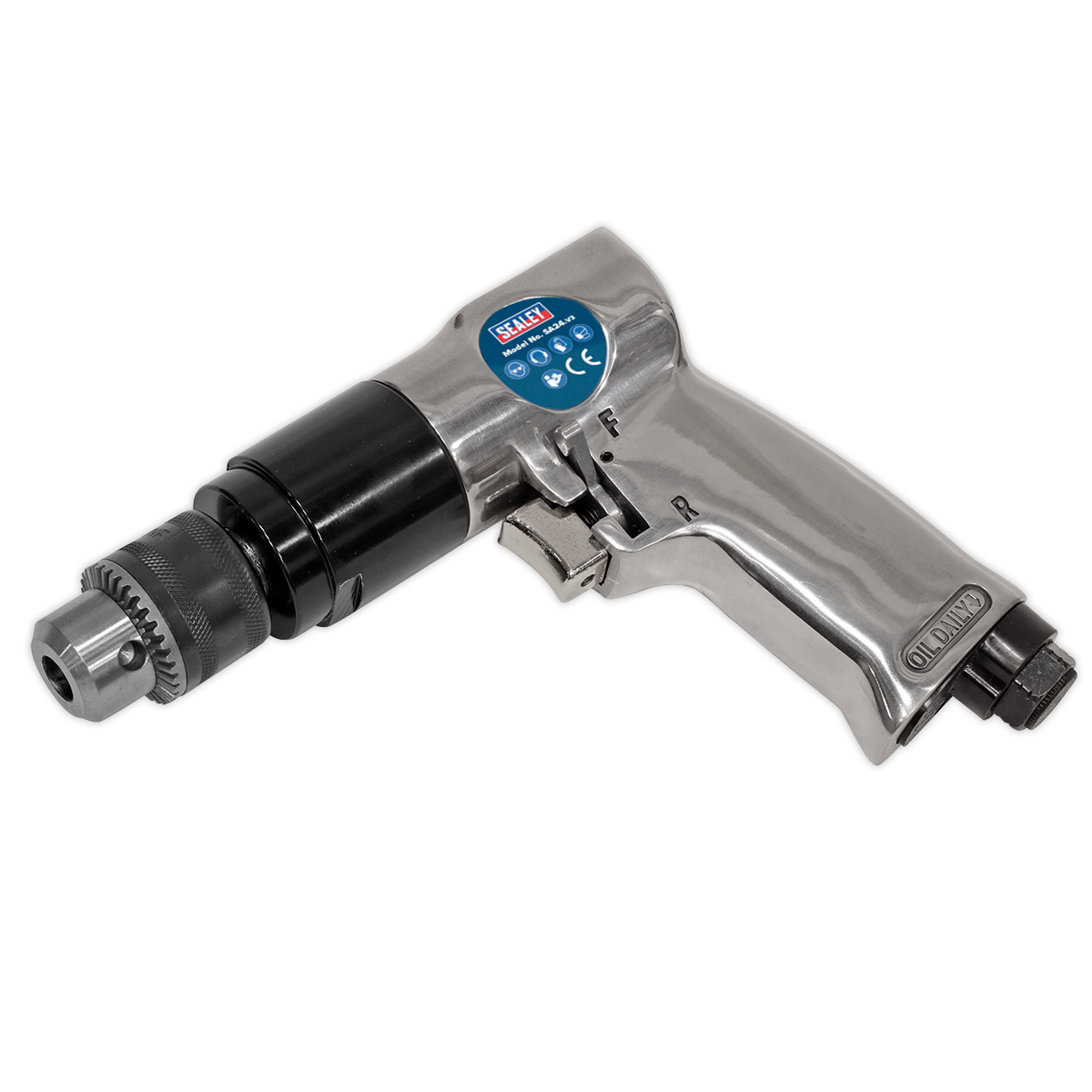 The Sealey Air Drill Ø10mm 1800rpm Reversible - SA24 is a hand-held power tool with a sleek silver and black design, featuring an aluminium housing and a visible chuck for holding drill bits, accompanied by a blue label on the top.