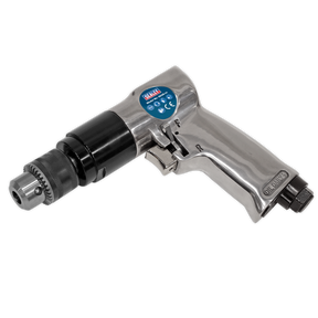 The Sealey Air Drill Ø10mm 1800rpm Reversible - SA24 is a hand-held power tool with a sleek silver and black design, featuring an aluminium housing and a visible chuck for holding drill bits, accompanied by a blue label on the top.