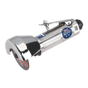 A shiny, silver-colored Sealey Air Rotary Cut-Off Tool Ø75mm - SA25 with a black cutting disc and a sturdy metal safety guard, perfect for cutting car panels.