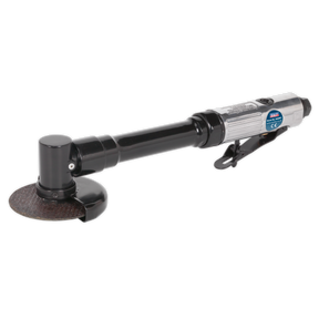 A black and silver Sealey Air Cut-Off Tool Ø75mm Long Reach - SA2501, featuring a disc attachment, extended reach cut-off tool capability, and a safety lever on the handle.