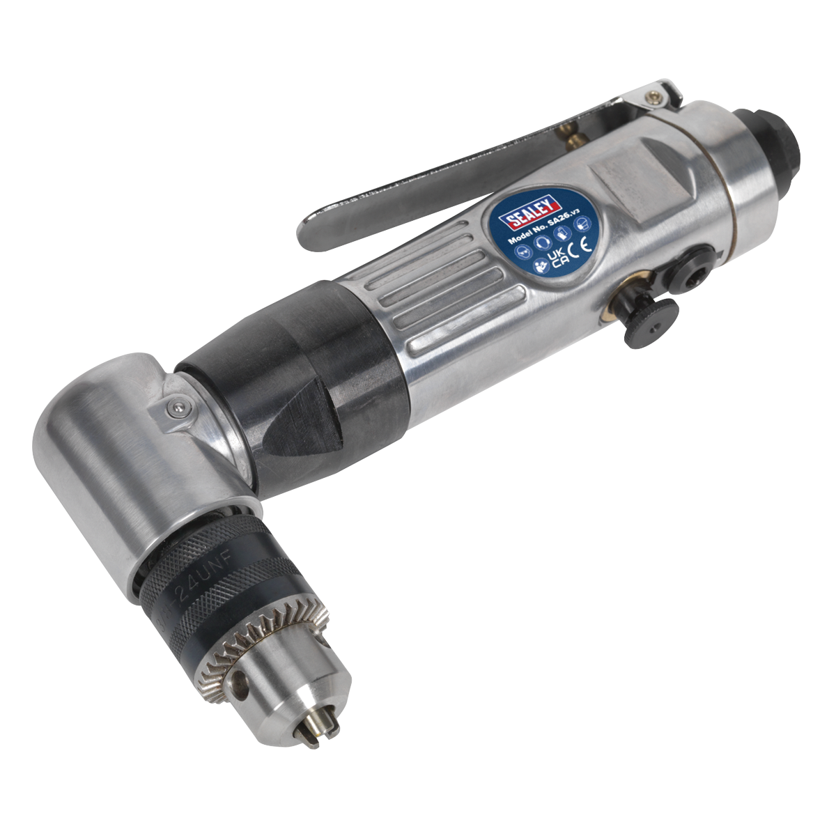 A silver and black Sealey brand Air Angle Drill Ø10mm Reversible - SA26 with a 90° planetary gearbox, perfect for hard-to-reach areas.