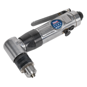 A silver and black Sealey brand Air Angle Drill Ø10mm Reversible - SA26 with a 90° planetary gearbox, perfect for hard-to-reach areas.