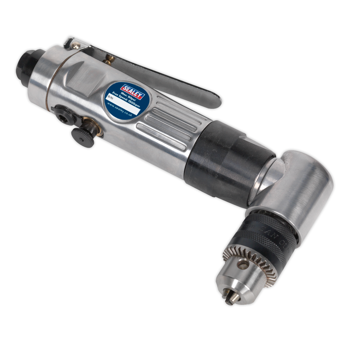 The Sealey Air Angle Drill Ø10mm Reversible - SA26 boasts a robust metallic body, a chuck for securing drill bits, an operational lever, and a 90° planetary gearbox, making it ideal for hard-to-reach areas.