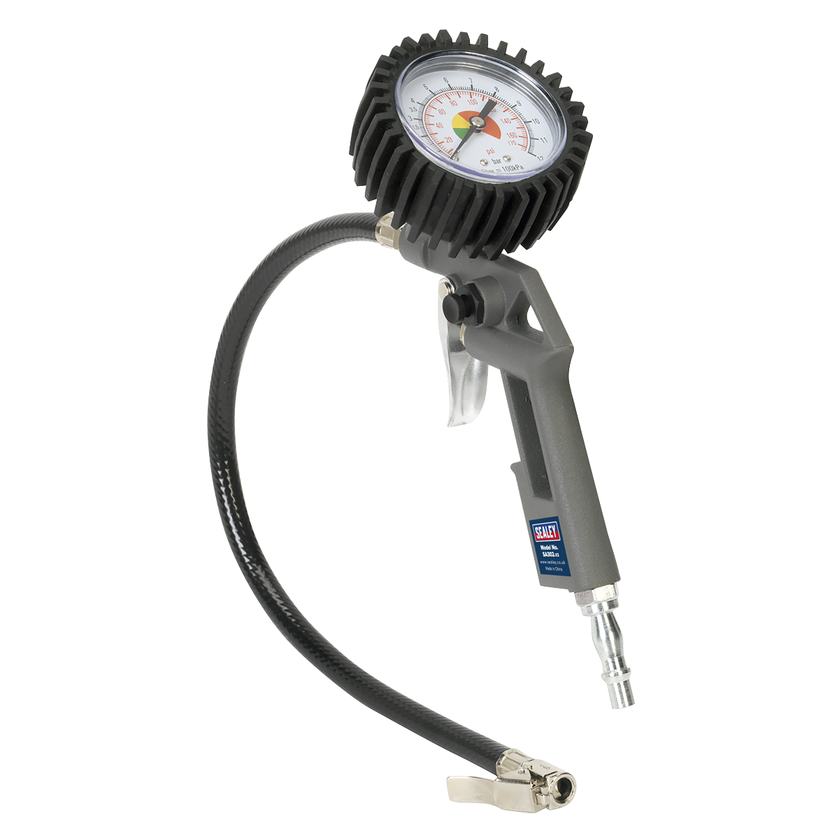 The Sealey Tyre Inflator with Gauge - SA302 features a flexible hose, a durable die-cast body, a protective black rubber casing, and an analog dial gauge for displaying pressure readings.