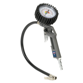 The Sealey Tyre Inflator with Gauge - SA302 features a flexible hose, a durable die-cast body, a protective black rubber casing, and an analog dial gauge for displaying pressure readings.