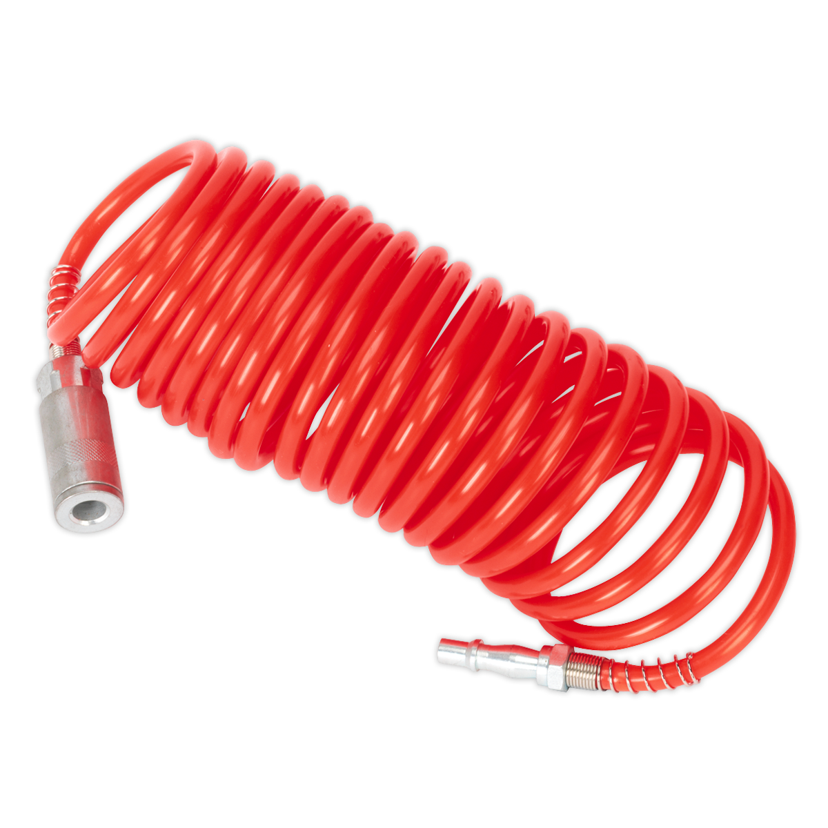 A red Sealey PE Coiled Air Hose 5m x Ø5mm (model SA305) with quick coupling metal fittings on both ends lies against a white background.