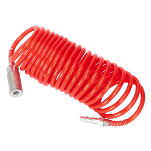 A red Sealey PE Coiled Air Hose 5m x Ø5mm (model SA305) with quick coupling metal fittings on both ends lies against a white background.