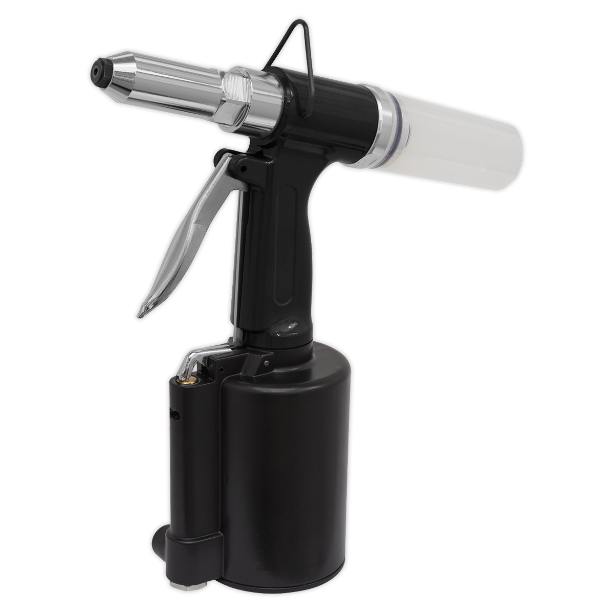 The Sealey Air Riveter 3/16" Steel Aluminium & Stainless Steel Rivets - SA312 is a black and silver handheld pneumatic tool designed for applying sealants or adhesives. It features a transparent cartridge on the top and operates similarly to a trigger-operated riveter.