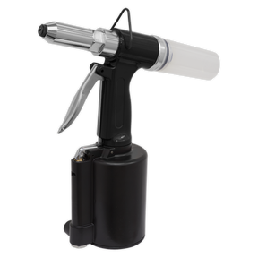 The Sealey Air Riveter 3/16" Steel Aluminium & Stainless Steel Rivets - SA312 is a black and silver handheld pneumatic tool designed for applying sealants or adhesives. It features a transparent cartridge on the top and operates similarly to a trigger-operated riveter.