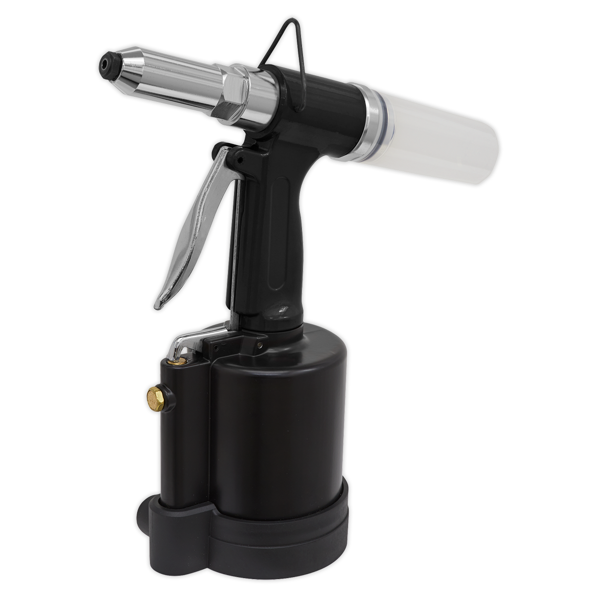 The Sealey Air Riveter SA314 is a compact pneumatic tool featuring a black handle and a built-in cylindrical air compressor, designed for use with steel, aluminium, and stainless steel blind rivets.