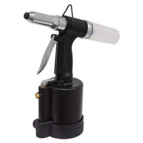 The Sealey Air Riveter SA314 is a compact pneumatic tool featuring a black handle and a built-in cylindrical air compressor, designed for use with steel, aluminium, and stainless steel blind rivets.