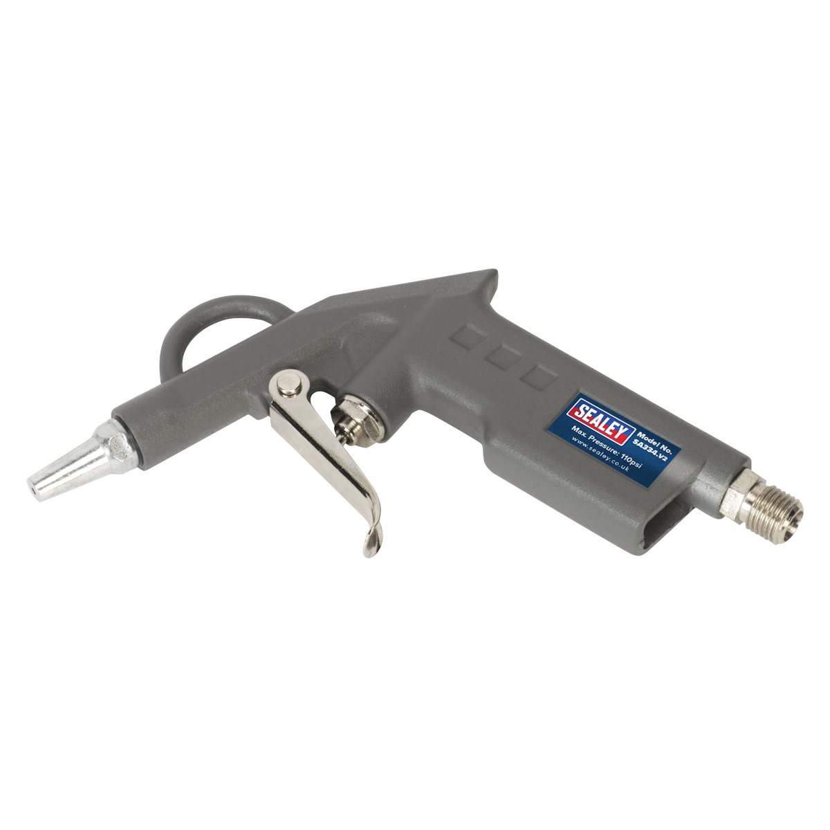 The Sealey Air Blow Gun with 1/4"BSP Air Inlet (model SA334) features a die-cast metal body in gray, a black label displaying the Sealey brand, and includes a trigger mechanism, an airflow-directing nozzle, and a moulded handle for enhanced grip.