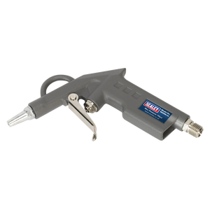 The Sealey Air Blow Gun with 1/4"BSP Air Inlet (model SA334) features a die-cast metal body in gray, a black label displaying the Sealey brand, and includes a trigger mechanism, an airflow-directing nozzle, and a moulded handle for enhanced grip.