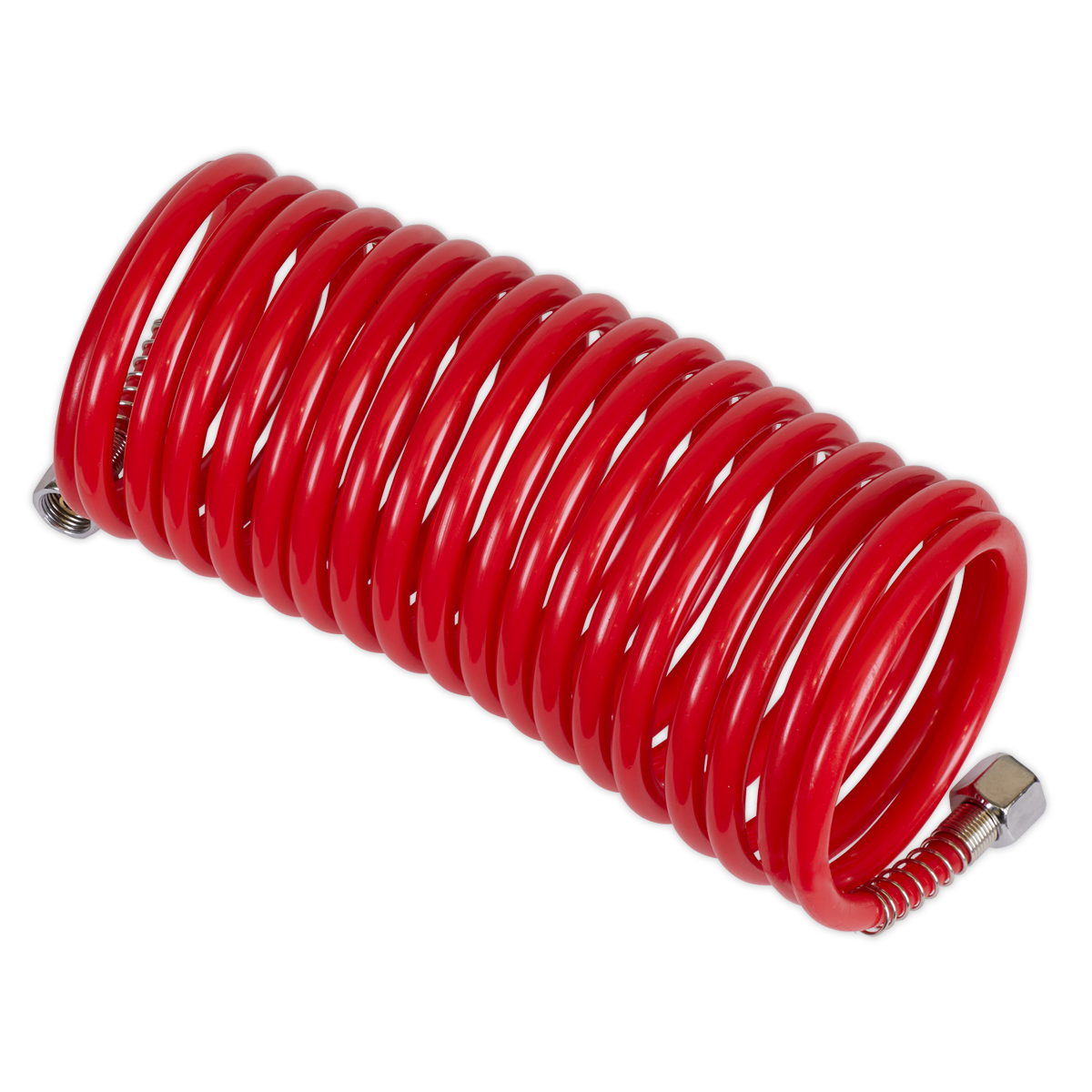 The Sealey PE Coiled Air Hose 5m x Ø5mm with 1/4" BSP Unions - SA335 features a coiled red polyethylene design and male coulping, perfect for maintaining a tidy working area.