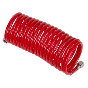 The Sealey PE Coiled Air Hose 5m x Ø5mm with 1/4" BSP Unions - SA335 features a coiled red polyethylene design and male coulping, perfect for maintaining a tidy working area.