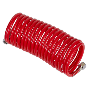 The Sealey PE Coiled Air Hose 5m x Ø5mm with 1/4" BSP Unions - SA335 features a coiled red polyethylene design and male coulping, perfect for maintaining a tidy working area.