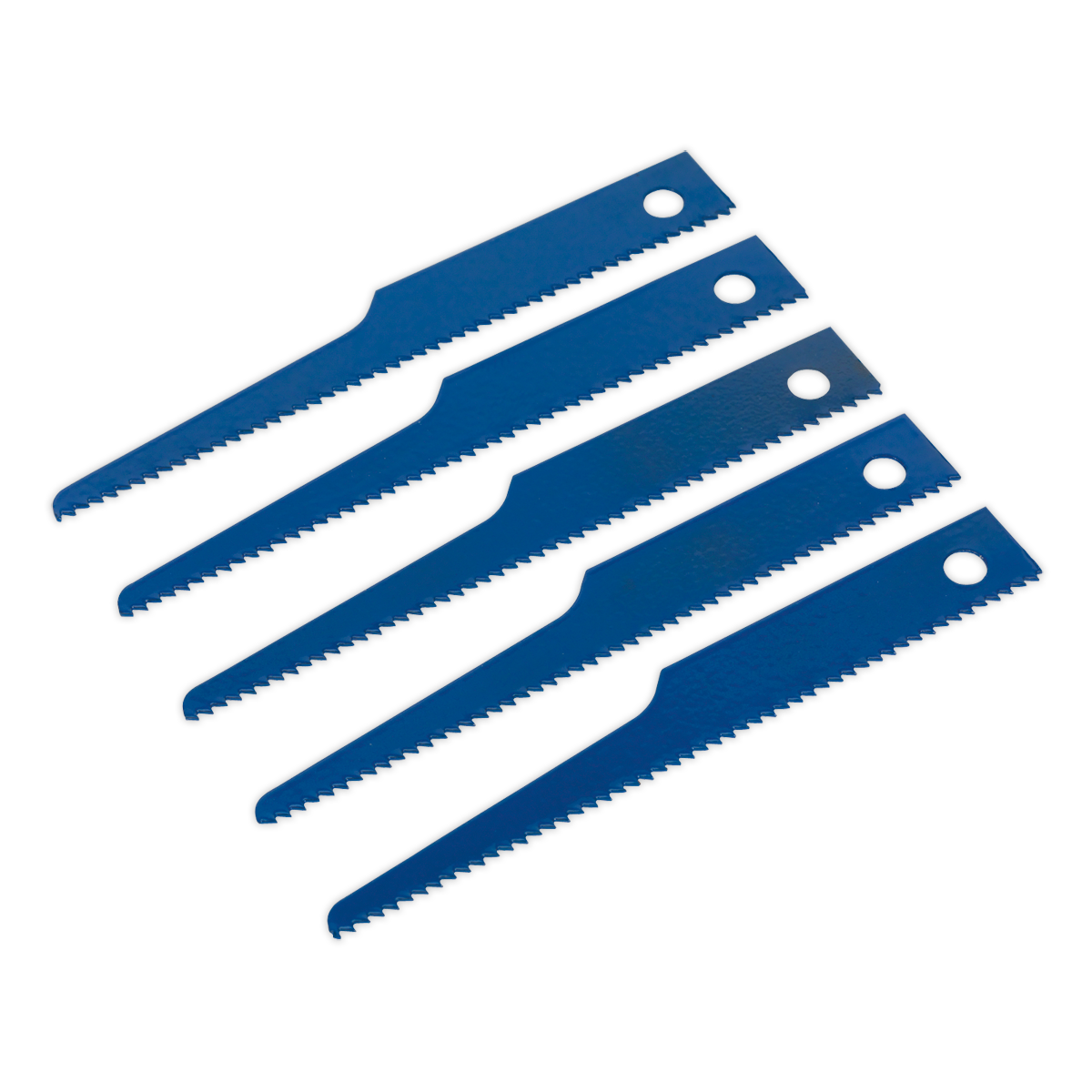 Five Sealey Air Saw Blades (14tpi Pack of 5 - SA34/B14) arranged in a fan pattern on a white background.