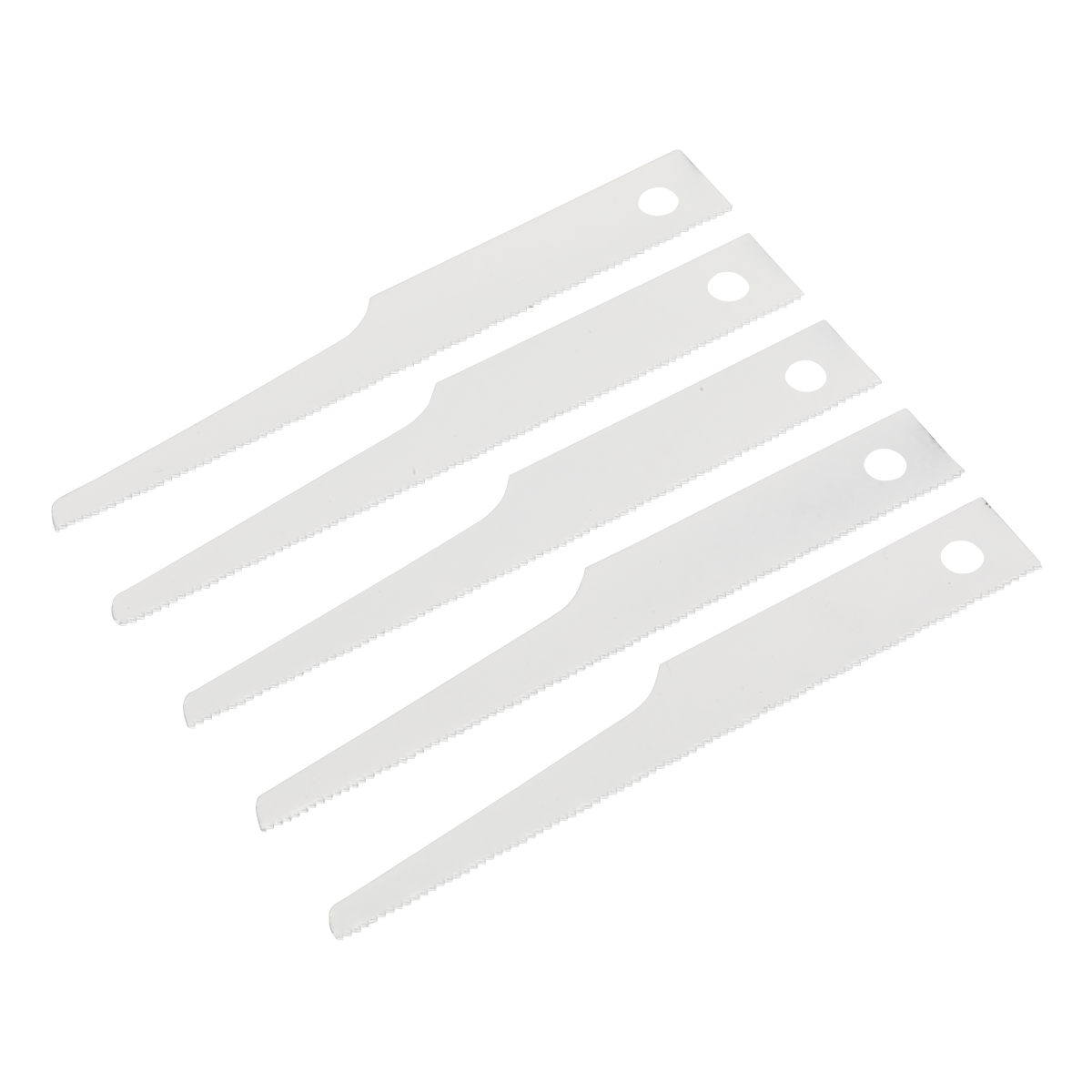 The Sealey Air Saw Blade 24tpi Pack of 5 - SA34/B24 comes with four high-speed steel air saw blades arranged in parallel, each featuring a hole near one end, making them ideal for use with a Sealey air saw.