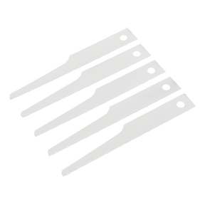 The Sealey Air Saw Blade 24tpi Pack of 5 - SA34/B24 comes with four high-speed steel air saw blades arranged in parallel, each featuring a hole near one end, making them ideal for use with a Sealey air saw.