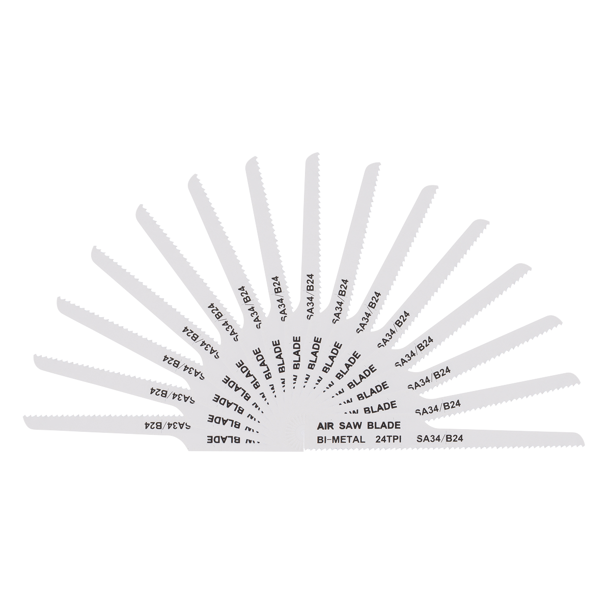 A fan arrangement of twelve bi-metal air saw blades labeled with distinguishing marks such as "AIR SAW BLADE" and various other numeric codes. For added versatility, consider the Sealey Air Saw Blade 24tpi - Pack of 15 (SA34/B2415) for your toolkit.