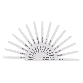 A fan arrangement of twelve bi-metal air saw blades labeled with distinguishing marks such as "AIR SAW BLADE" and various other numeric codes. For added versatility, consider the Sealey Air Saw Blade 24tpi - Pack of 15 (SA34/B2415) for your toolkit.