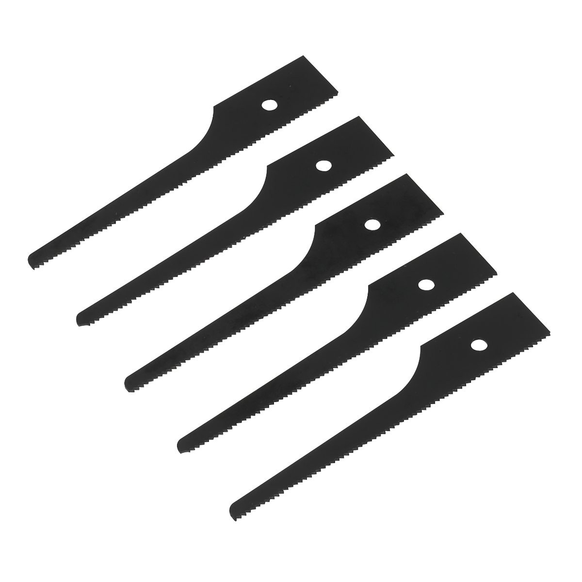 A set of five black Sealey Air Saw Blades 24tpi (SA345/B24) are lined up in a diagonal row on a white background.