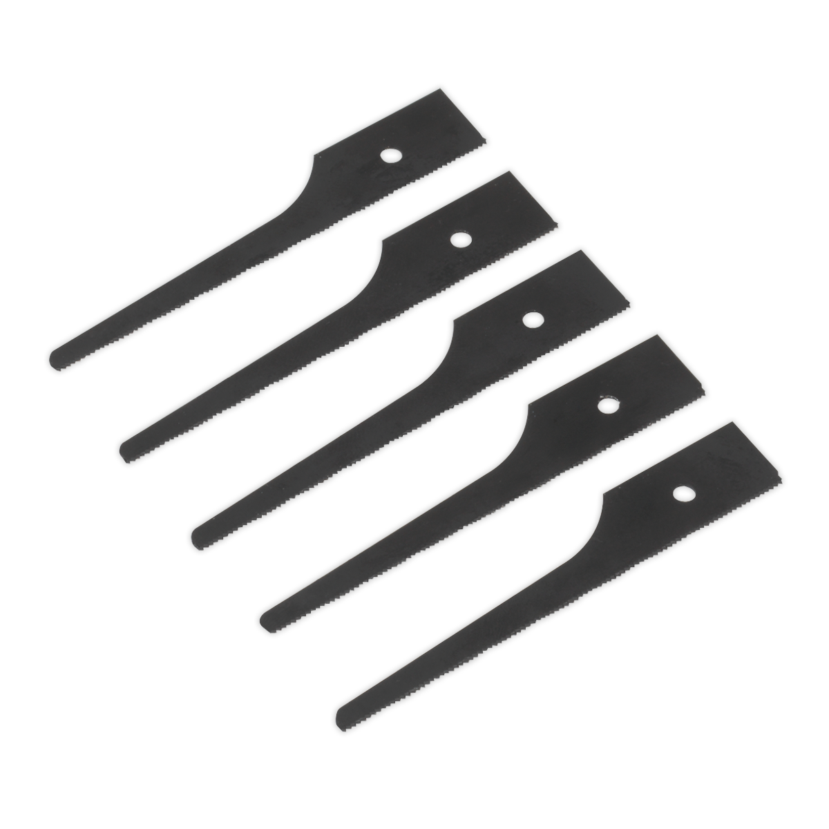 Five black plastic scrapers are arranged side by side, each featuring a rectangular scraping edge and a single hole near the top. Perfect for your workshop needs, these tools ensure precision and durability much like Sealey’s Air Saw Blade 32tpi Pack of 5 - SA345/B32.