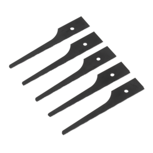 Five black plastic scrapers are arranged side by side, each featuring a rectangular scraping edge and a single hole near the top. Perfect for your workshop needs, these tools ensure precision and durability much like Sealey’s Air Saw Blade 32tpi Pack of 5 - SA345/B32.